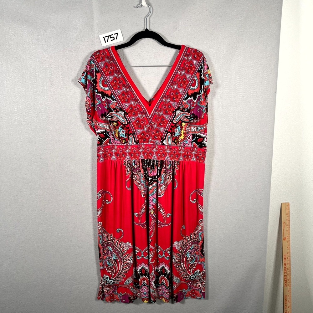 Kiara Fit & Flare Dress Womens XL Paisley Smocked Waist Double V Neck Cap Sleeve